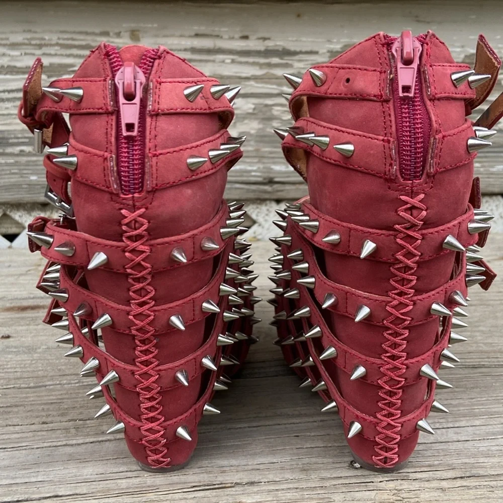 Jeffrey Campbell Zip-2 Stud Brick Red Nubuck Leather Wedge Shoes Women's Size 6 - Picture 3 of 14
